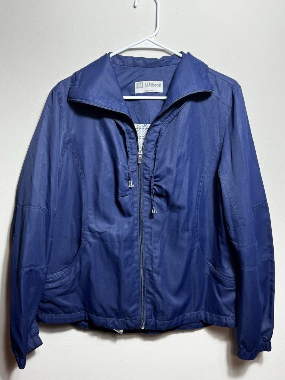 Vtg Wilson Lightweight Windbreaker Jacket Navy Blue Plaid Lined Full Zip Size L